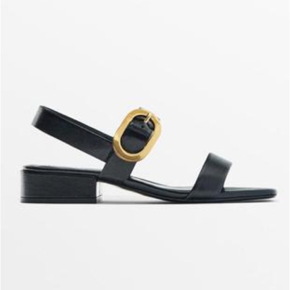 NWT. Massimo Dutti Black Leather Sandals with Buckle Detail. Size 6. - Picture 1 of 5